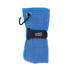 A blue travel towel neatly rolled and secured with a strap, featuring a clip for easy attachment.