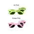Glow in the dark sunglasses featured in neon green and pink, each with a logo on the handle.