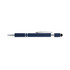 A navy blue spinner pen with a silver clip and accents, featuring a textured grip and a branding logo.