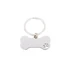 A silver keytag in the shape of a dog bone with a paw print design. It features a split ring for attachment.