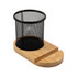 A bamboo pen tidy phone stand features a black mesh holder on a bamboo base, designed for stationery and devices.