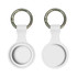A white silicone Airtag case with a round design and keyring attachment, featuring a branding logo.