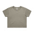 A cropped t-shirt in a faded olive green, featuring a simple design and a logo.
