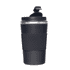 A black reusable coffee cup with a ridged silicone grip and a flip-top lid, featuring a metallic band.