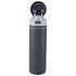 A drink bottle with a grey recycled stainless steel body and a flip straw lid. It features a logo on the side.