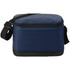 A navy blue insulated lunch bag with a black base and a shoulder strap, featuring a pocket on the side and a logo.