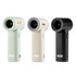 A collection of three portable handheld fans in mint green, cream, and black, each with a distinctive logo.