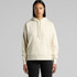 A cream-coloured hoodie with a front pocket and drawstring hood, featuring a logo.