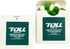 A flip lid cardboard box containing green and white jelly beans, featuring a logo on the front.