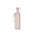 A drink bottle in a soft pink colour, featuring a double wall design and a silver band, with a strap.