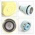 A drink bottle in pale yellow and light blue, featuring a double wall design and a metal base. Includes a logo.