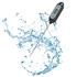 A digital meat thermometer with a long stainless steel probe, featuring a black casing and a splash of water.