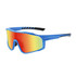 Classic sport glasses in blue with a bold design and reflective orange-red lenses. Features a branding logo on the side.