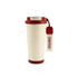 A double wall stainless steel coffee mug in cream and red, featuring a lid and a branded tag.