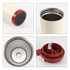 A double wall stainless steel coffee mug in cream with a red lid and base, featuring a logo.