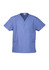 A classic unisex scrub top in a light blue colour with short sleeves and a pocket. It features a logo on the label.