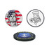 Three custom poker chips featuring designs: one with the Statue of Liberty, one with a king’s profile, and a third with a logo. The chips have black and multicoloured elements.