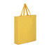 A yellow cotton tote bag with two handles and a simple design. It features a logo on one side.