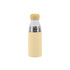 A drink bottle featuring a stainless steel body with a pale yellow finish and a clear plastic top, includes a logo.