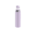 A drink bottle with a stainless steel base and a clear glass top, featuring a lilac silicone sleeve and a lid.