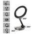A sleek black adjustable 360° mirror with a round reflective surface and a sturdy base for stability.