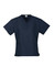 A navy scrub top featuring short sleeves and a V-neck design, with front pockets and a logo.