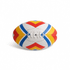 A colourful AFL ball featuring red, yellow, blue, and white patterns with visible stitching.