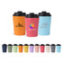 A collection of 350ML powder coated stainless steel coffee mugs in various colours with black lids and logos.