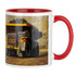 A ceramic mug featuring a red handle and interior, displaying an image of a mining dump truck.