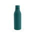 A drink bottle in teal with a rubber coating and a smooth design. It features a lid and has a logo.