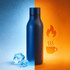 A drink bottle in navy blue featuring a sleek design, set against a gradient background with ice and heat elements.