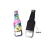 A drink bottle opener shaped like a bottle, featuring a colourful tropical design and a magnet on the back.
