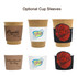 A set of kraft paper cups in brown with various colourful optional cup sleeves, featuring floral and graphic designs.