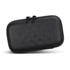 A black zippered travel pouch with a textured surface, featuring a logo on the front.