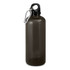 A drink bottle in matte black with a screw top and a metal carabiner for easy attachment.