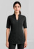 A black women's tunic with a zip front and short sleeves, featuring two front pockets. The tunic has a logo.