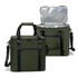 A soft-touch cooler bag in dark green featuring carry handles and a removable shoulder strap, with a silver insulated interior.
