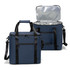 A navy soft-touch cooler bag with a zippered top, two handles, and a detachable shoulder strap, featuring an interior lining.