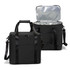 A black soft-touch cooler bag with dual handles and a removable shoulder strap, featuring a silver insulated interior.