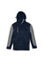 A unisex jacket in navy blue and grey with a hood and a logo present on the front.