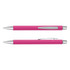A pink pen with silver accents, featuring a clip and a smooth barrel, showcasing a simple design with a logo.