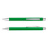 A green laser cut logo pen with a silver clip and accents, displayed from two angles.