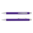 A purple pen with a silver clip and tip, featuring a logo on its barrel.