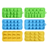 Silicone ice trays in green, blue, and yellow featuring various fun shapes like stars, cars, and hearts.