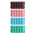 Silicone ice trays in heart shapes, featuring four colours: brown, pink, blue, and green. Each tray has custom moulds and a logo.