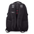 A black backpack with padded straps, featuring mesh detailing and a logo on the back.