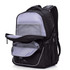 A black and grey backpack with multiple compartments and a logo is displayed.