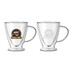 A V-shaped double wall mug in clear glass with a logo, featuring an elegant handle and a contemporary design.