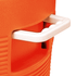 An orange water dispenser cooler box featuring a white handle for easy carrying. It includes a logo.