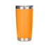 A drink bottle with a vibrant orange body and a stainless steel rim, featuring a logo on its surface.